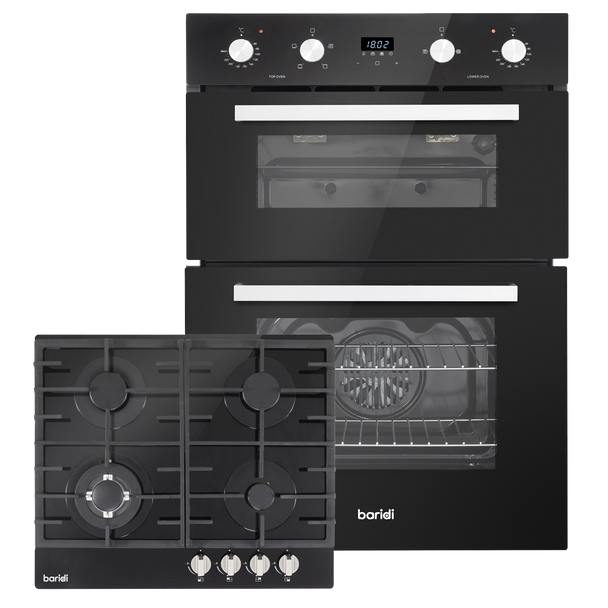 Sealey DH449 | Baridi 72cm Built-Under Double Oven & Black Glass Gas Hob Appliance Bundle ? 60cm Wide
