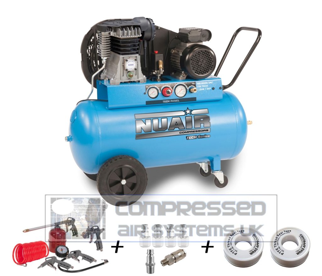 Kit 2 - to Include Nuair NB2800B/100/3M TECH PRO (230 Volt) Compressor, Sealey SA33/S 5 Piece Air Accessory Kit + Fittings
