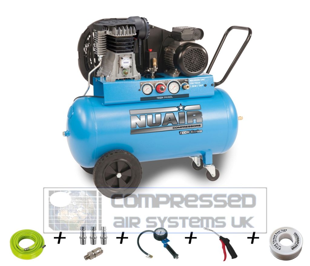 Kit 3 - to Include Nuair NB2800B/100/3M TECH PRO (230 Volt) Compressor, Sealey AHFC1038 Air Hose, Sealey SA9131 Blow Gun, Sealey SA9303 Tyre Inflator + Fittings