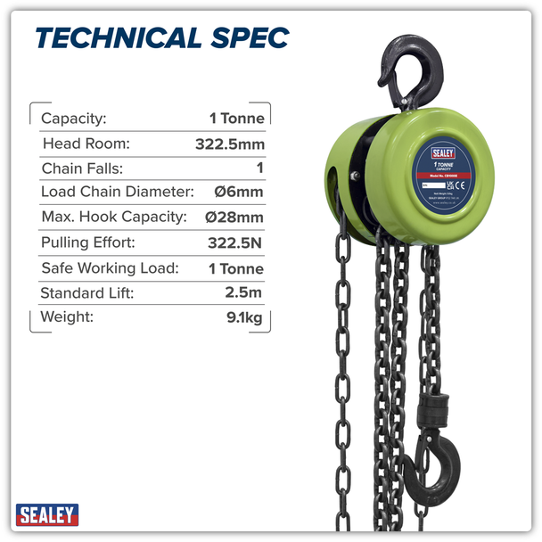 Sealey CB1000E │ 2.5m Chain Block 1 Tonne
