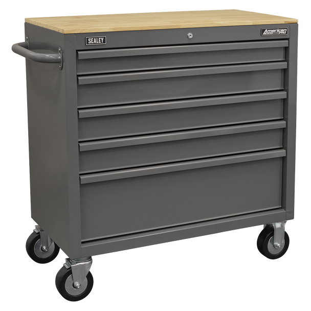 Sealey APMWS1G | American PRO? Mobile Workstation with Wooden Worktop 5 Drawer - Grey