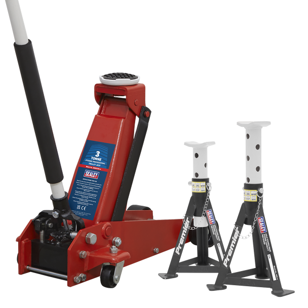 Sealey 3000CXDCOMBO1 | Trolley Jack 3 Tonne & Axle Stands (Pair) 3 Tonne per Stand Combo