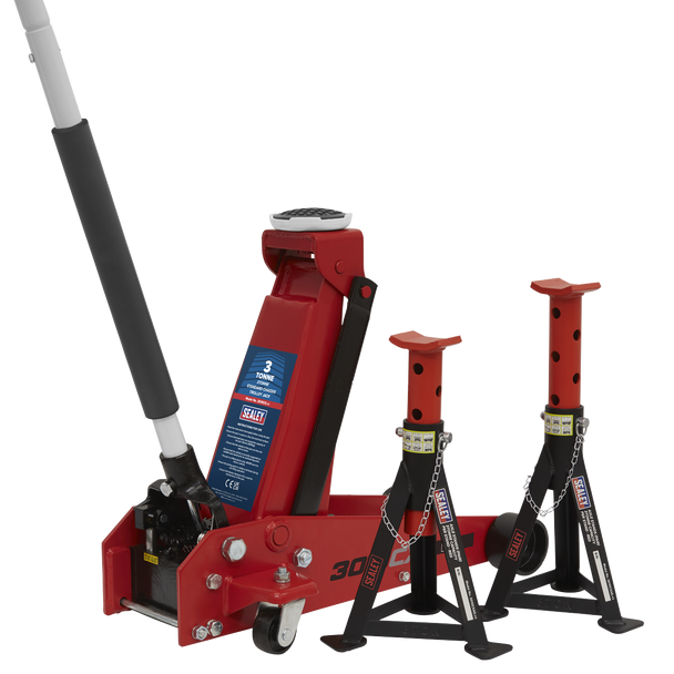 Sealey 3010CX | Standard Chassis Trolley Jack 3 Tonne with Axle Stands (Pair) 3 Tonne Capacity per Stand