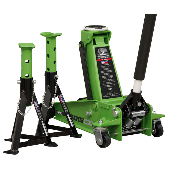 Sealey 3015CXHV | Trolley Jack with Super Rocket Lift 3 Tonne & Axle Stands (Pair) 3 Tonne Capacity per Stand - Green
