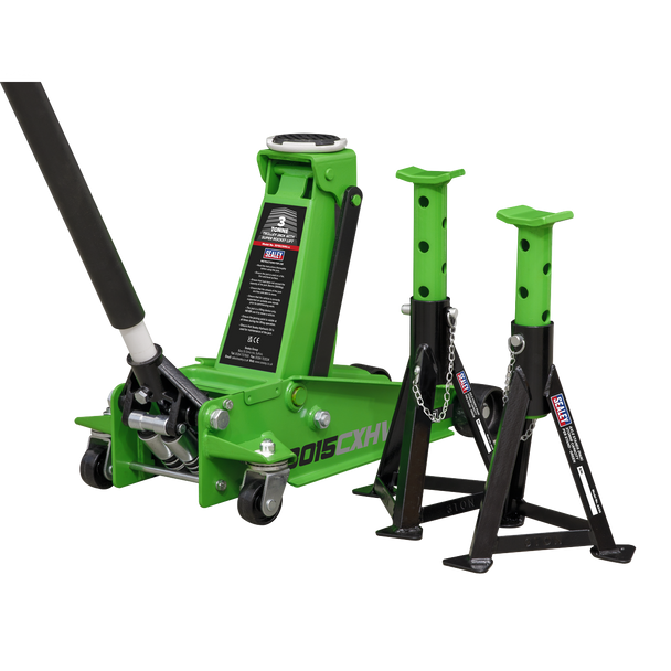 Sealey 3015CXHV | Trolley Jack with Super Rocket Lift 3 Tonne & Axle Stands (Pair) 3 Tonne Capacity per Stand - Green