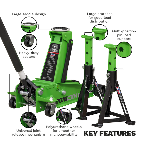Sealey 3015CXHV | Trolley Jack with Super Rocket Lift 3 Tonne & Axle Stands (Pair) 3 Tonne Capacity per Stand - Green