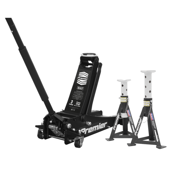 Sealey 3040ABCOMBO | Premier Trolley Jack 3 Tonne & Axle Stands (Pair) 3 Tonne per Stand Combo