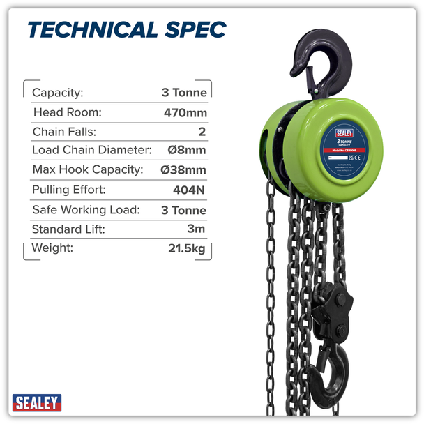 Sealey CB3000E │ 3m Chain Block 3 Tonne
