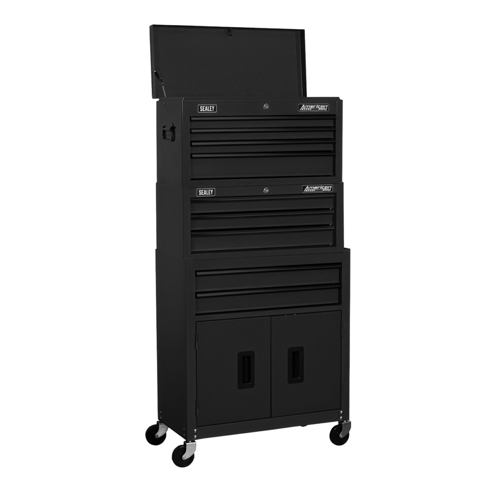 Sealey AP2200BKSTACK | American PRO® Topchest, Mid Box Tool Chest & Rollcab Stack 9 Drawer – Black