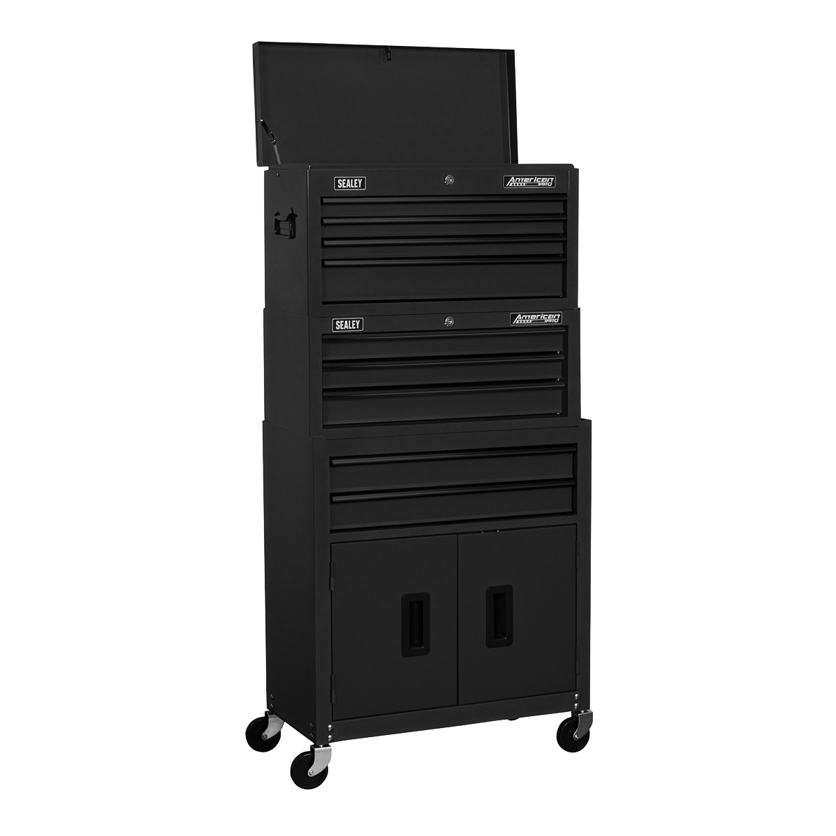 Sealey AP2200BKSTACK | American PRO® Topchest, Mid Box Tool Chest & Rollcab Stack 9 Drawer – Black