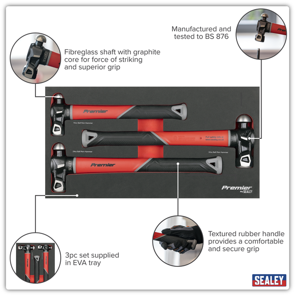 Sealey AK2033 ⏐ Premier Ball Pein Hammer Set with Fibreglass Shafts 3pc