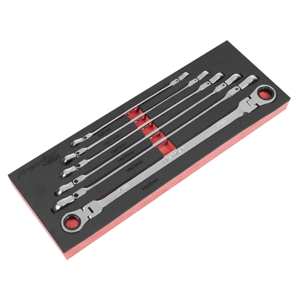 Sealey AK63832 | Premier Extra-Long Flexi-Head Double End Ratchet Ring Spanner Set 6pc