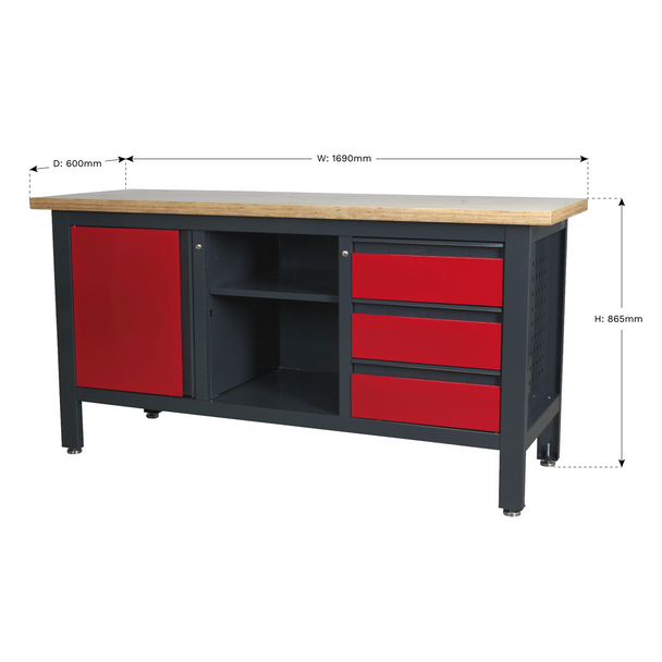Sealey AP1905B | Workbench with 3 Drawers, 1 Cupboard & Open Storage