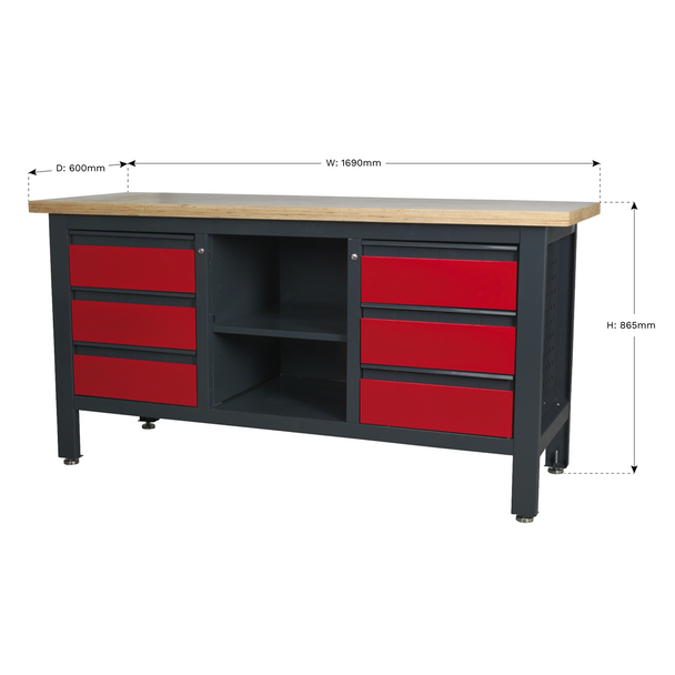 Sealey AP1905D | Workbench with 6 Drawers & Open Storage