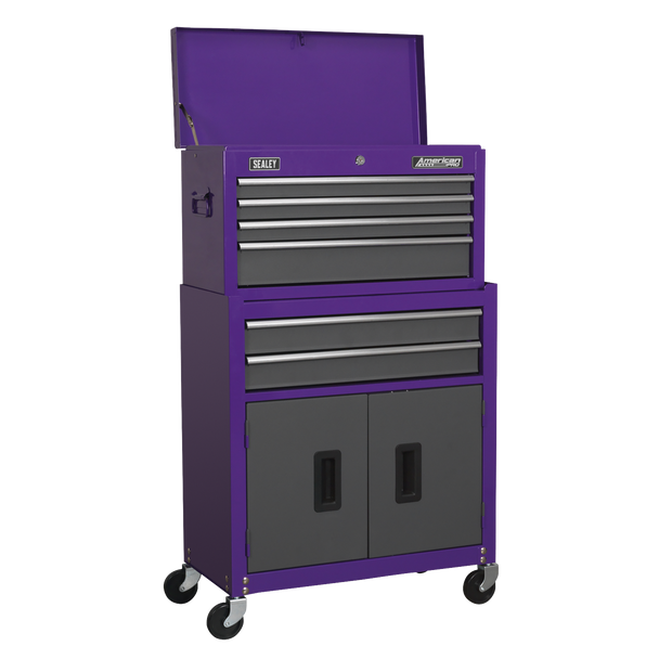 Sealey AP2200BBCPSTACK | American PRO Topchest, Mid-Box Tool Chest & Rollcab Stack 9 Drawer - Purple