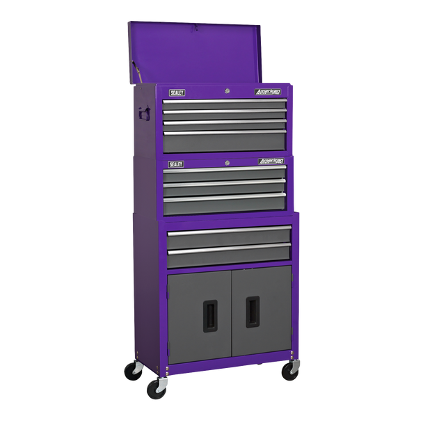 Sealey AP2200BBCPSTACK | American PRO Topchest, Mid-Box Tool Chest & Rollcab Stack 9 Drawer - Purple