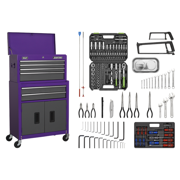 Sealey AP2200COMBOCP | American PRO? Topchest & Rollcab Combination 6 Drawer with 170pc Tool Kit - Purple/Grey
