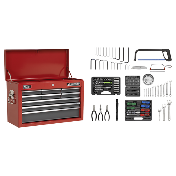 Sealey AP22509BBCOMB | American PRO Topchest 9 Drawer with 205pc Tool Kit - Red/Grey