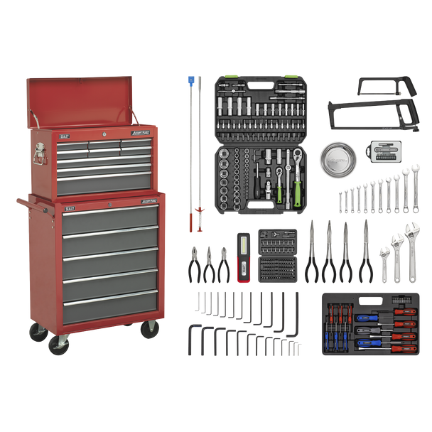 Sealey AP2250BBCOMBO | American PRO Topchest & Rollcab Combination 14 Drawer with 281pc Tool Kit - Red/Grey