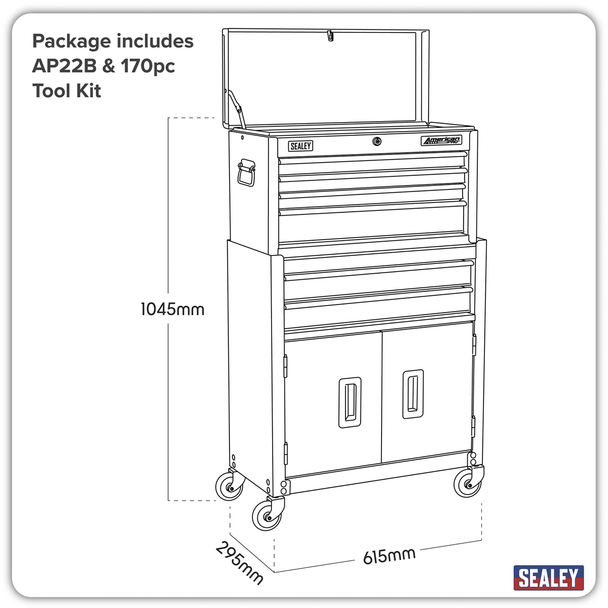 Sealey AP22BCOMBO | American PRO Topchest & Rollcab Combination 6 Drawer with 170pc Tool Kit - Blue/Black