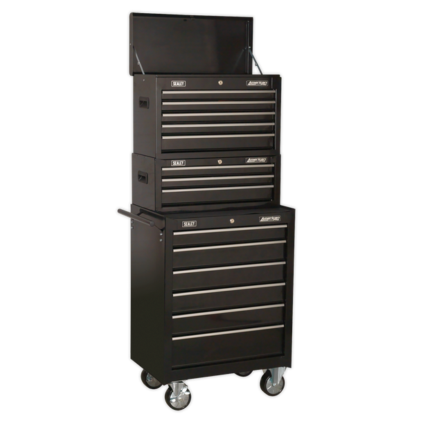 Sealey AP22BSTACK | American PRO Topchest, Mid-Box Tool Chest & Rollcab Stack 14 Drawer - Black