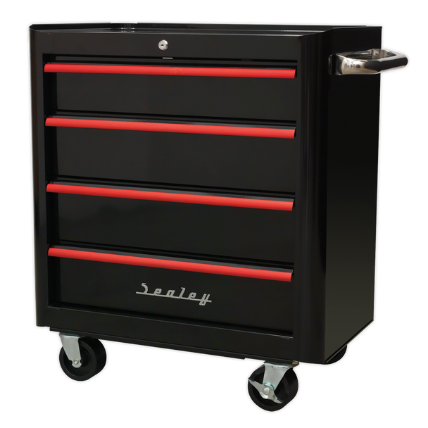 Sealey AP28204BR | Premier Retro Style Rollcab 4 Drawer - Black with Red Anodised Drawer Pulls