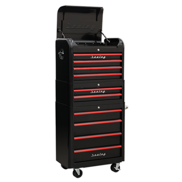 Sealey AP28COMBO2BR | Premier Retro Style Topchest, Mid-Box Tool Chest & Rollcab Combination 10 Drawer - Black with Red Anodised Drawer Pulls