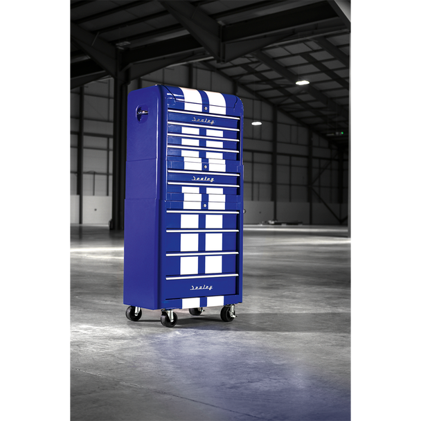 Sealey AP28COMBO2BWS | Premier Retro Style Topchest, Mid-Box Tool Chest & Rollcab Combination 10 Drawer - Blue with White Stripes