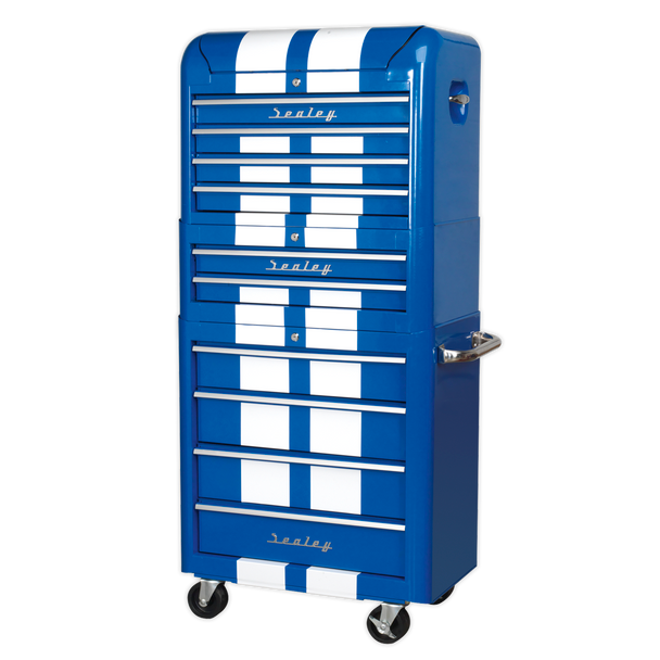 Sealey AP28COMBO2BWS | Premier Retro Style Topchest, Mid-Box Tool Chest & Rollcab Combination 10 Drawer - Blue with White Stripes