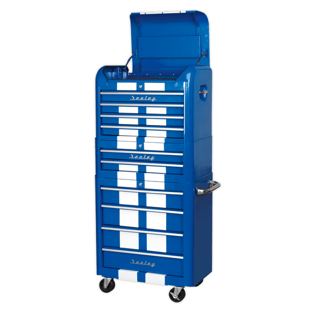 Sealey AP28COMBO2BWS | Premier Retro Style Topchest, Mid-Box Tool Chest & Rollcab Combination 10 Drawer - Blue with White Stripes
