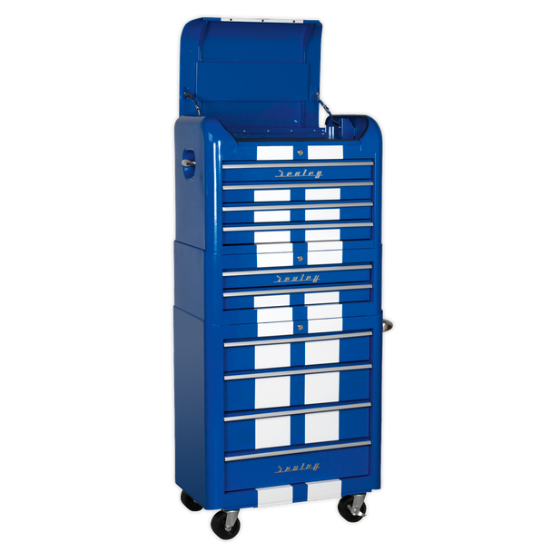 Sealey AP28COMBO2BWS | Premier Retro Style Topchest, Mid-Box Tool Chest & Rollcab Combination 10 Drawer - Blue with White Stripes