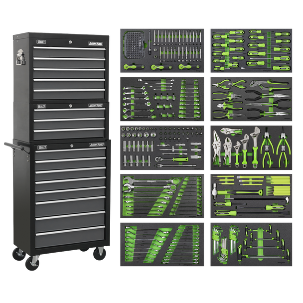 Sealey AP35TBCOMBO | Tool Chest Combination 16 Drawer with Ball-Bearing Slides - Black/Grey & 398pc Tool Kit