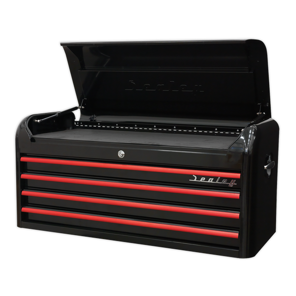 Sealey AP41104BR | Premier Retro Style Wide Topchest 4 Drawer - Black with Red Anodised Drawer Pulls