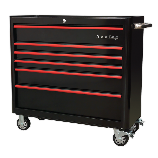 Sealey AP41206BR | Premier Retro Style Wide Rollcab 6 Drawer - Black with Red Anodised Drawer Pulls