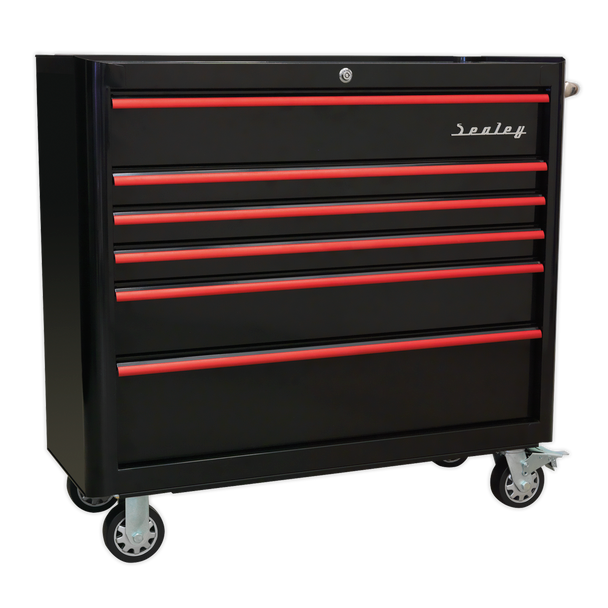 Sealey AP41206BR | Premier Retro Style Wide Rollcab 6 Drawer - Black with Red Anodised Drawer Pulls