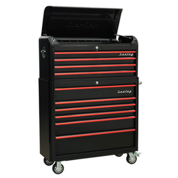 Sealey AP41COMBOBR | Premier Retro Style Wide Topchest & Rollcab Combination 10 Drawer - Black with Red Anodized Drawer Pulls