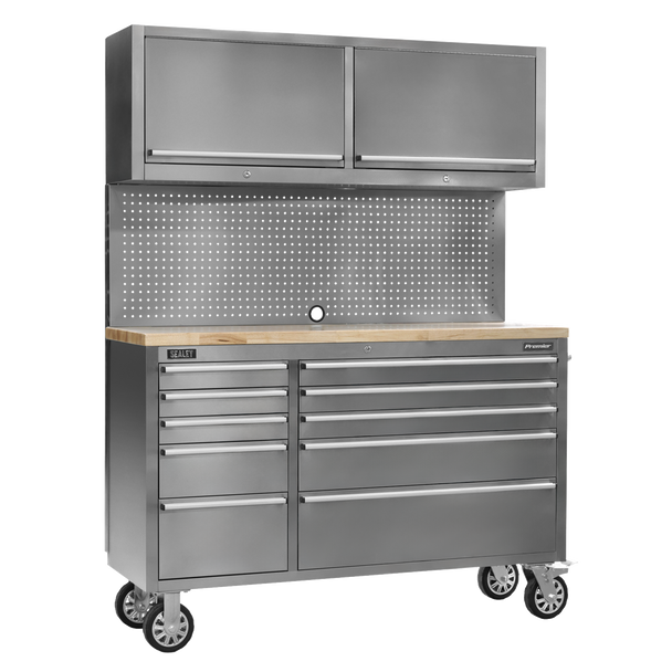 Sealey AP5520SS | Premier Mobile Stainless Steel Tool Cabinet 10 Drawer with Backboard & 2 Wall Cupboards
