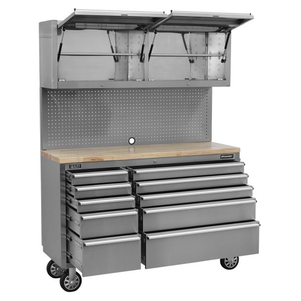 Sealey AP5520SS | Premier Mobile Stainless Steel Tool Cabinet 10 Drawer with Backboard & 2 Wall Cupboards