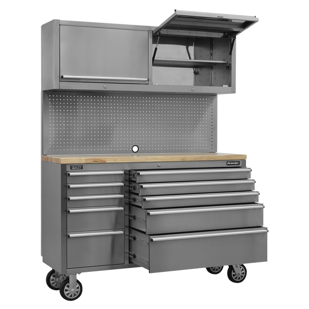 Sealey AP5520SS | Premier Mobile Stainless Steel Tool Cabinet 10 Drawer with Backboard & 2 Wall Cupboards