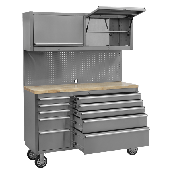 Sealey AP5520SS | Premier Mobile Stainless Steel Tool Cabinet 10 Drawer with Backboard & 2 Wall Cupboards