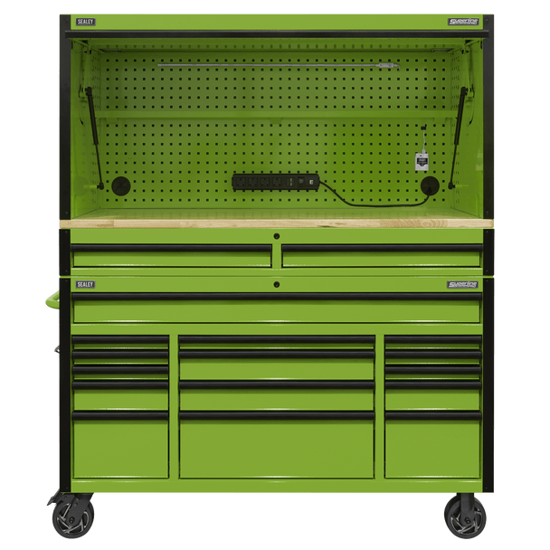Sealey AP6115BECOMBO1 | Superline PRO Black Edition Mobile Trolley with Wooden Worktop, Hutch & 2 Drawer Riser 15 Drawer 1549mm