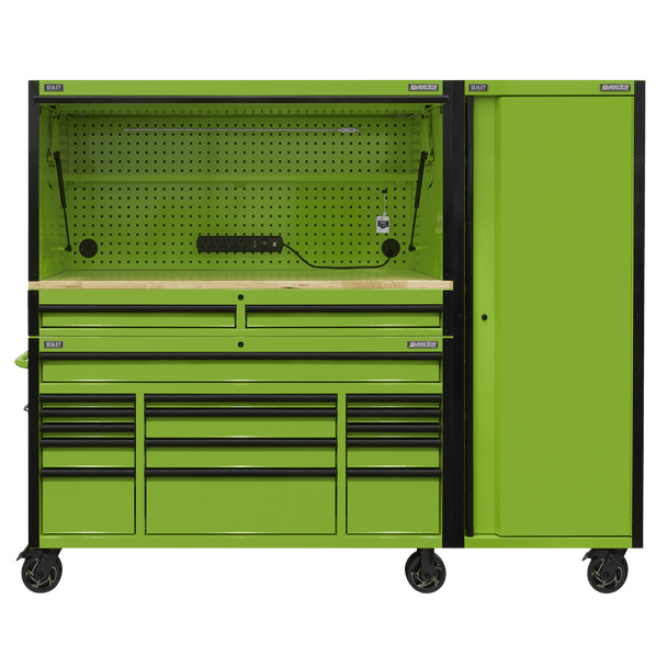 Sealey AP6115BECOMBO2 | Superline PRO Black Edition Mobile Trolley with Wooden Worktop, Hutch, 2 Drawer Riser & Side Locker 15 Drawer 1549mm