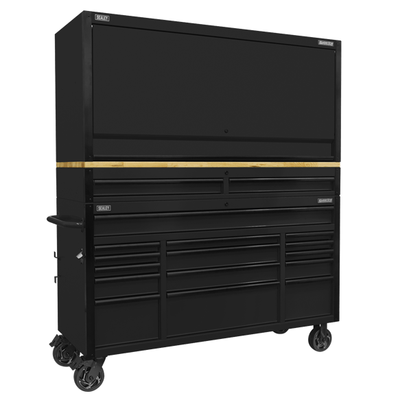 Sealey AP6215BECOMBO1 ⏐ Superline PRO® Black Edition Mobile Trolley with Wooden Worktop 15 Drawer, Hutch & 2 Drawer Riser 1549mm