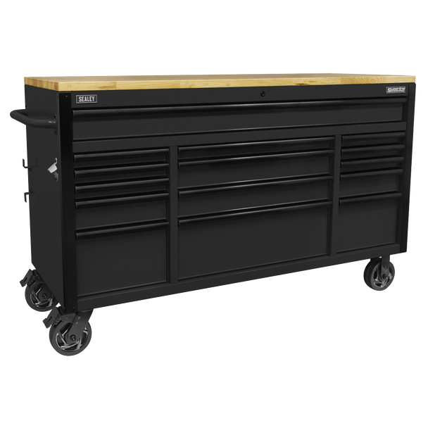 Sealey AP6215BE | Superline PRO Black Edition Mobile Trolley with Wooden Worktop 15 Drawer 1549mm