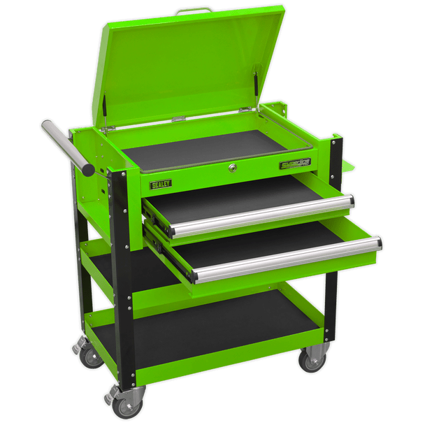 Sealey AP760MHV | Superline PRO Heavy-Duty Mobile Tool & Parts Trolley with Lockable Top & 2 Drawers - Green