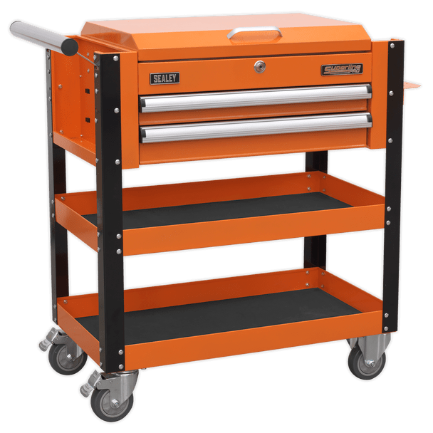Sealey AP760MO | Superline PRO Heavy-Duty Mobile Tool & Parts Trolley with Lockable Top & 2 Drawers - Orange