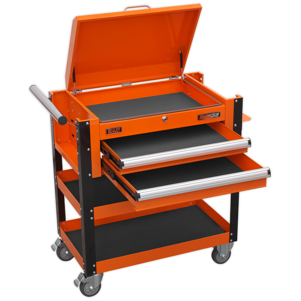 Sealey AP760MO | Superline PRO Heavy-Duty Mobile Tool & Parts Trolley with Lockable Top & 2 Drawers - Orange