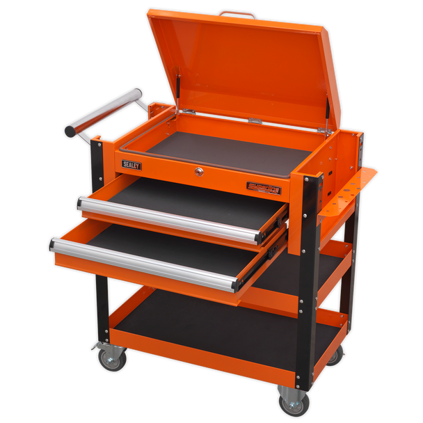 Sealey AP760MO | Superline PRO Heavy-Duty Mobile Tool & Parts Trolley with Lockable Top & 2 Drawers - Orange