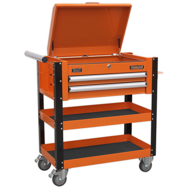 Sealey AP760MO | Superline PRO Heavy-Duty Mobile Tool & Parts Trolley with Lockable Top & 2 Drawers - Orange