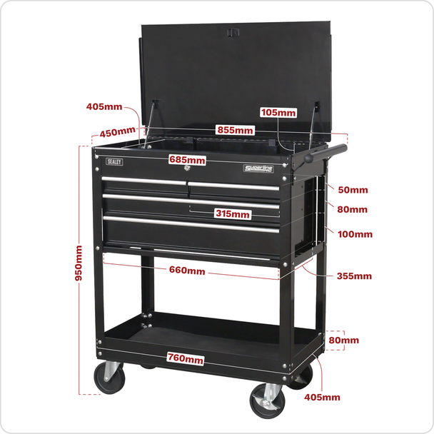 Sealey AP850MB | Heavy-Duty Mobile Tool & Parts Trolley with 4 Drawers & Lockable Top - Black
